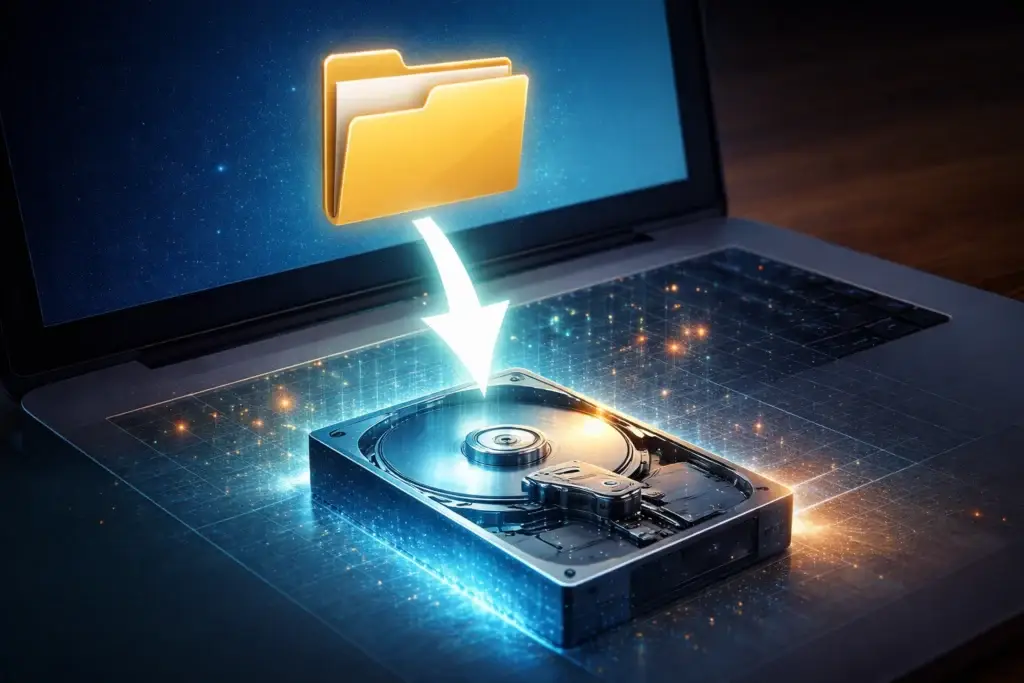 Ícono de carpeta en pantalla señalando un disco duro, analogía de la representación interna y la realidad externa.