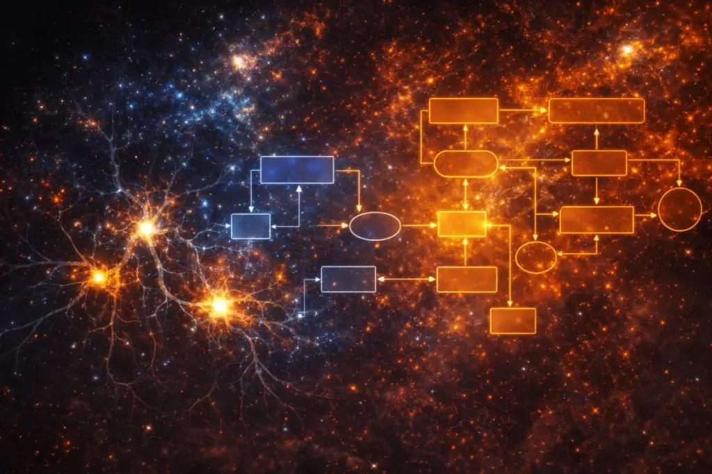 Red neuronal fusionada con diagramas de flujo sobre fondo cósmico, representando la operación cognoscitiva como proceso dinámico del conocimiento.