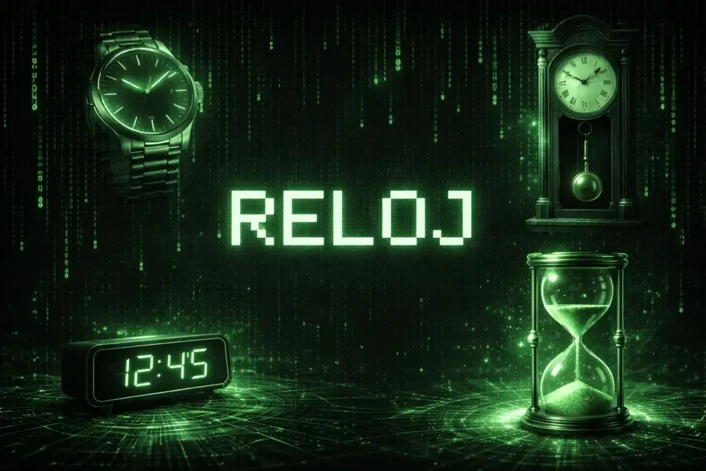 Ilustración del concepto abstracto “reloj” que agrupa reloj de pulsera, péndulo, digital y de arena como ejemplo de representación inteligible.