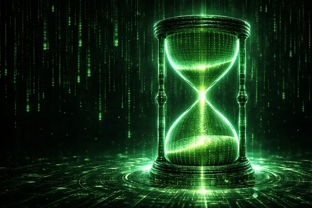 Reloj de arena estilo digital Matrix que representa la imagen sensible como representación concreta dentro del conocimiento.