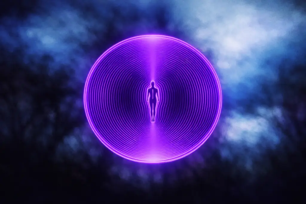 Silueta humana en el centro de círculos concéntricos violetas sobre fondo nebular, simbolizando conciencia y conocimiento.