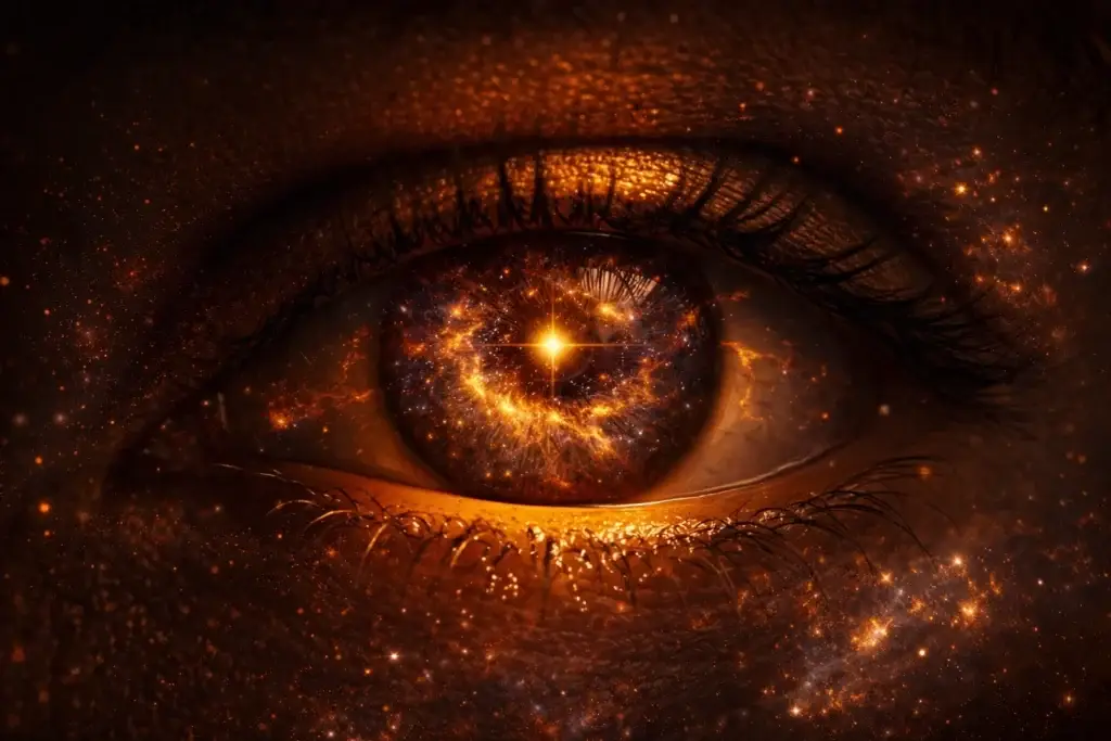 Primer plano de un ojo humano con galaxias reflejadas en el iris, simbolizando al sujeto cognoscente y el origen del conocimiento.